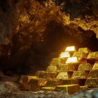 Gold bars stacked inside a dark underground cave, representing hidden treasure from the biggest gold heists in history