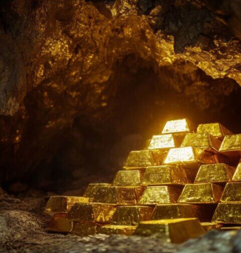 Gold bars stacked inside a dark underground cave, representing hidden treasure from the biggest gold heists in history