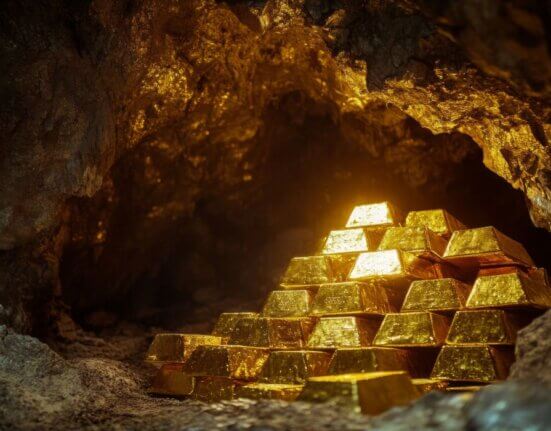 Gold bars stacked inside a dark underground cave, representing hidden treasure from the biggest gold heists in history