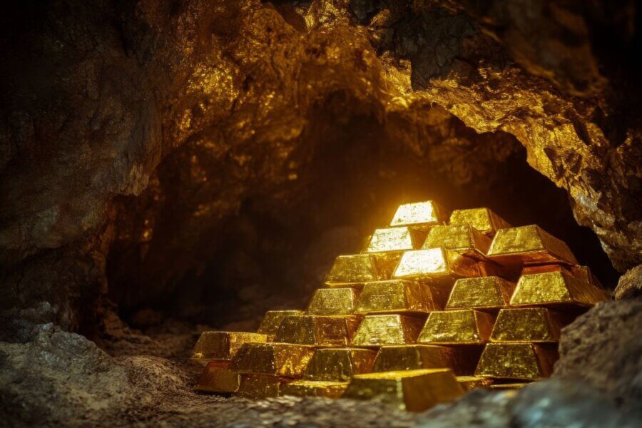 Gold bars stacked inside a dark underground cave, representing hidden treasure from the biggest gold heists in history