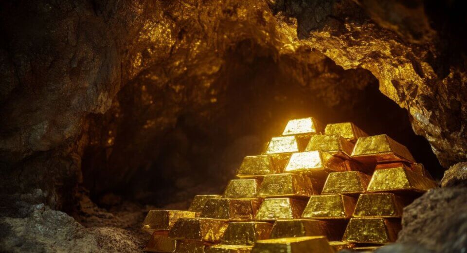 Gold bars stacked inside a dark underground cave, representing hidden treasure from the biggest gold heists in history