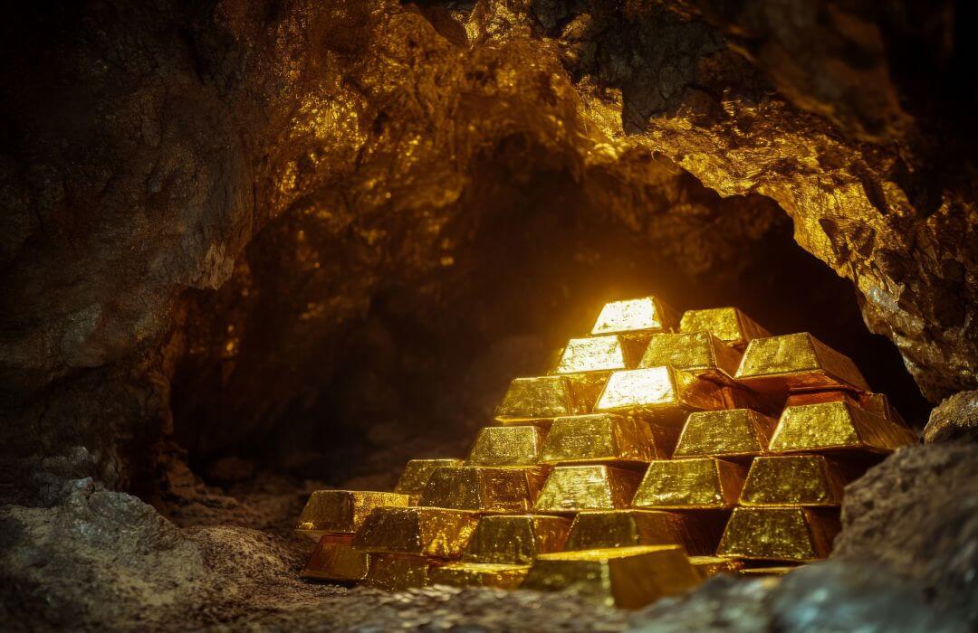 Gold bars stacked inside a dark underground cave, representing hidden treasure from the biggest gold heists in history