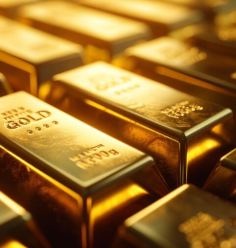 Close-up of stacked gold bars with engraved fine gold markings, symbolizing global gold reserves, limited supply, peak gold, and rising gold prices in 2026