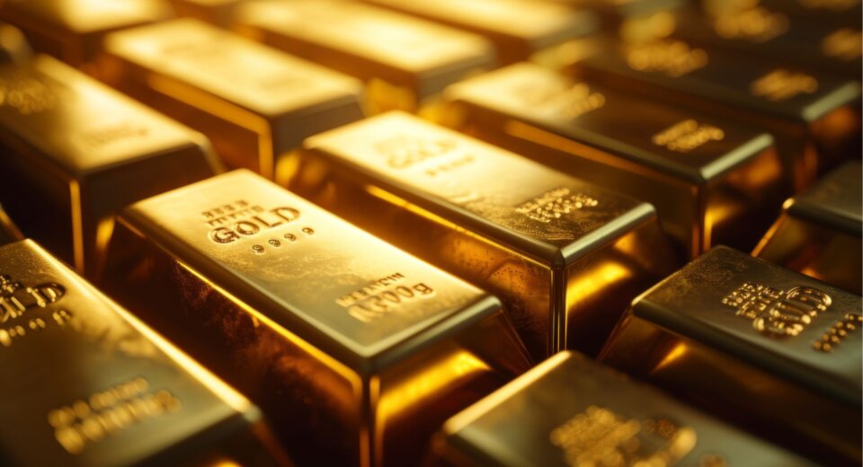 Close-up of stacked gold bars with engraved fine gold markings, symbolizing global gold reserves, limited supply, peak gold, and rising gold prices in 2026