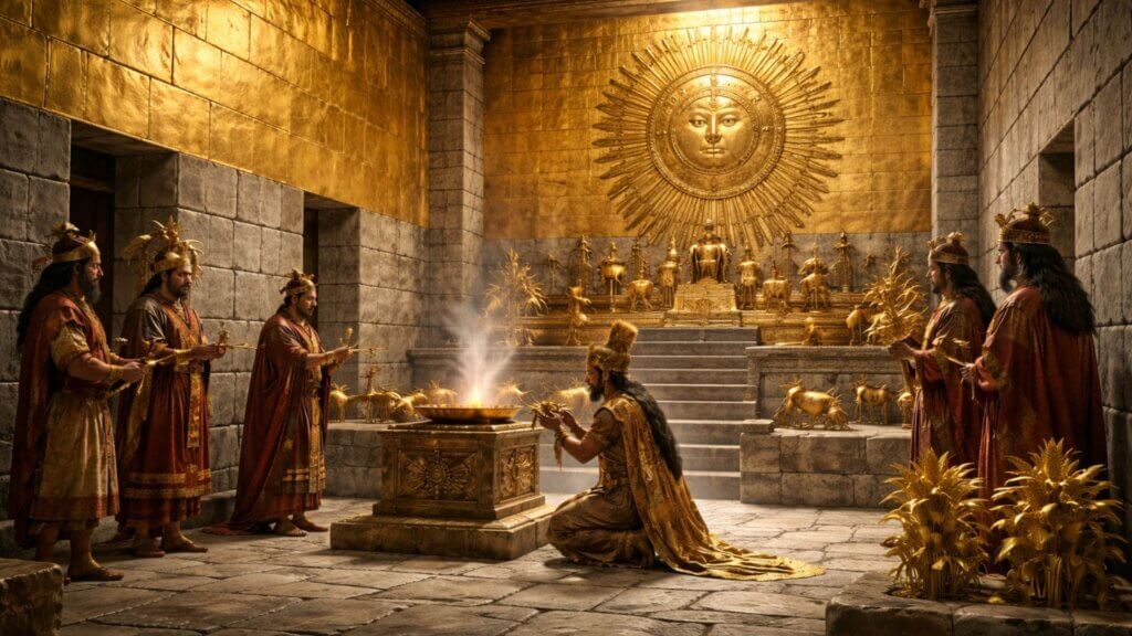 Historically inspired reconstruction of the Inca Temple of the Sun Coricancha in Cusco with gold-covered walls, a large golden sun disk of Inti, and priests performing a sacred ritual.