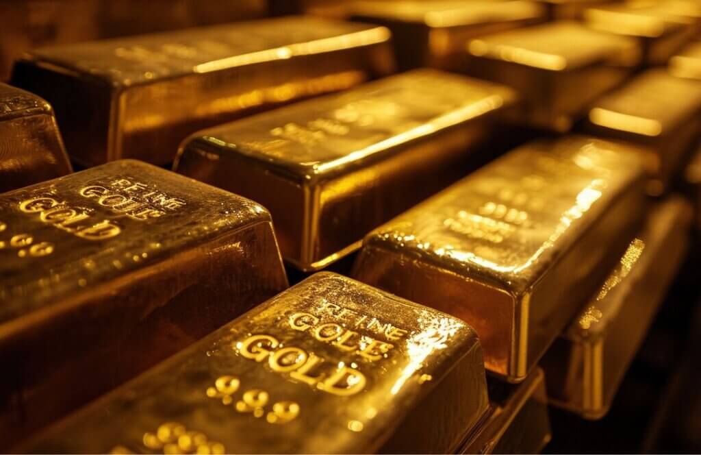 Close-up of stacked gold bars representing missing gold reserves from Iraq’s central bank after the 2003 invasion