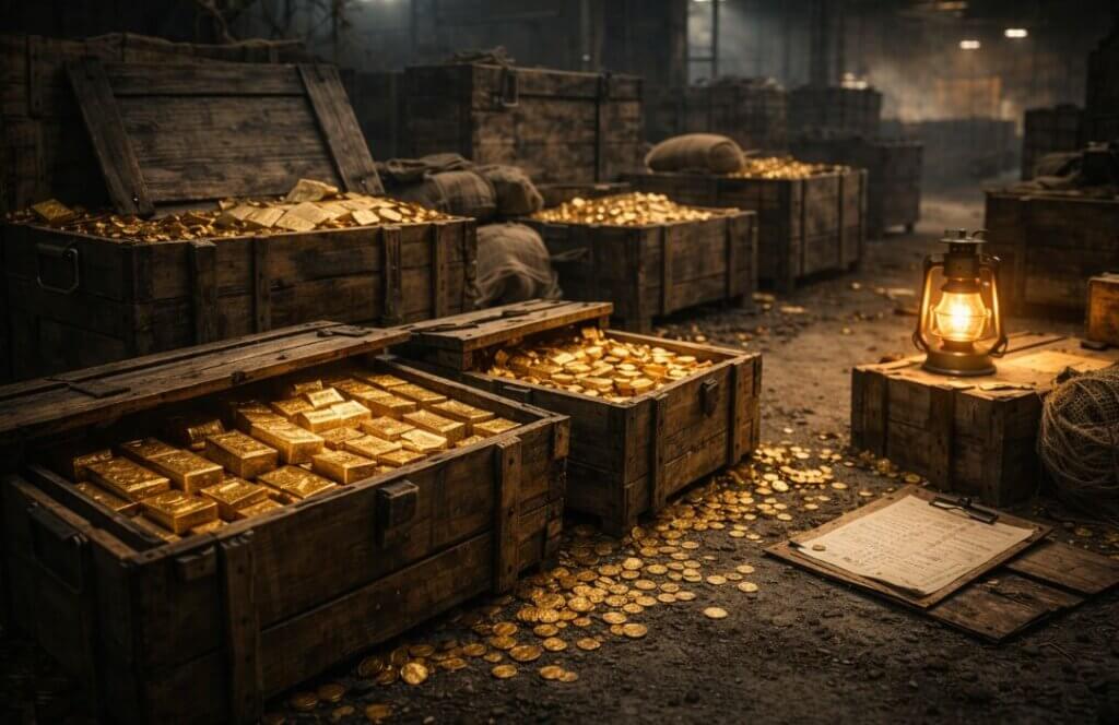 Confiscated gold bars and coins stored in wooden crates inside a wartime warehouse during World War II, symbolizing Nazi gold plunder in Europe