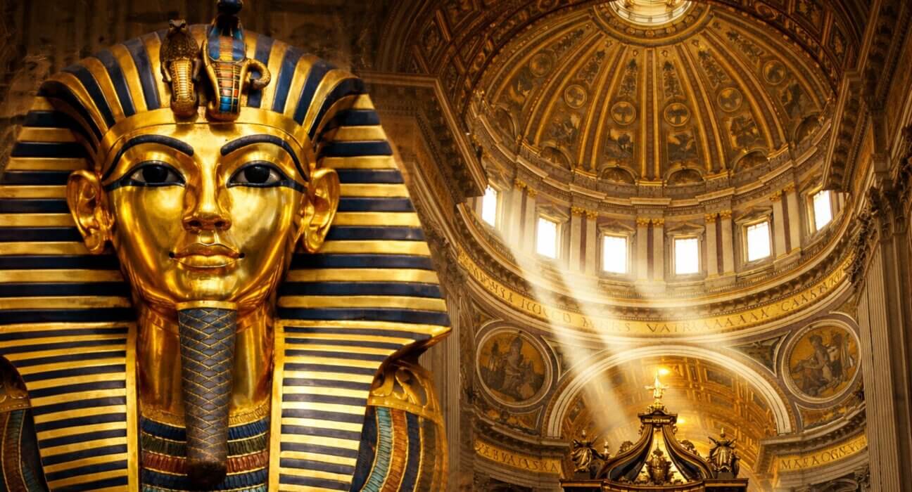 Tutankhamun’s golden funerary mask beside the gilded dome of St. Peter’s Basilica, symbolizing gold in religion from Ancient Egypt to the Vatican
