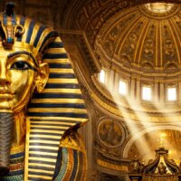 Tutankhamun’s golden funerary mask beside the gilded dome of St. Peter’s Basilica, symbolizing gold in religion from Ancient Egypt to the Vatican