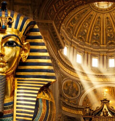 Tutankhamun’s golden funerary mask beside the gilded dome of St. Peter’s Basilica, symbolizing gold in religion from Ancient Egypt to the Vatican