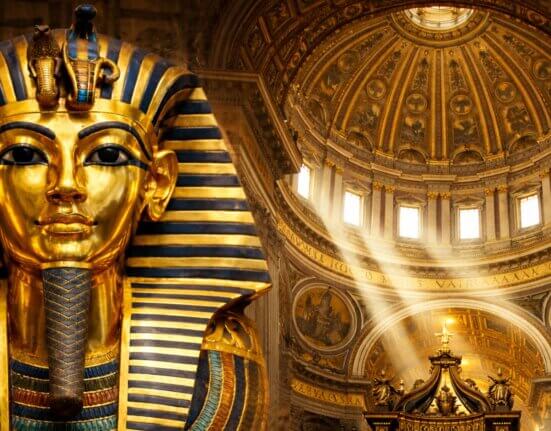 Tutankhamun’s golden funerary mask beside the gilded dome of St. Peter’s Basilica, symbolizing gold in religion from Ancient Egypt to the Vatican