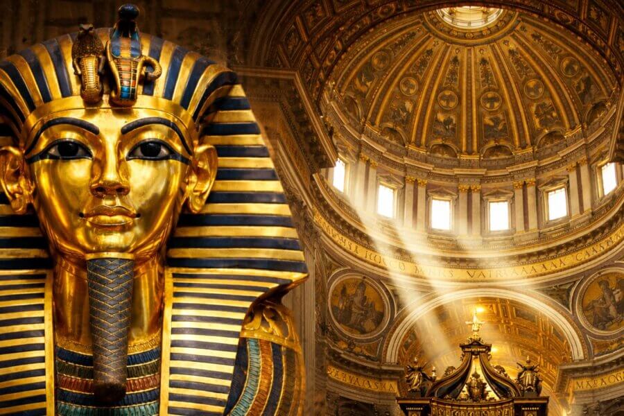 Tutankhamun’s golden funerary mask beside the gilded dome of St. Peter’s Basilica, symbolizing gold in religion from Ancient Egypt to the Vatican