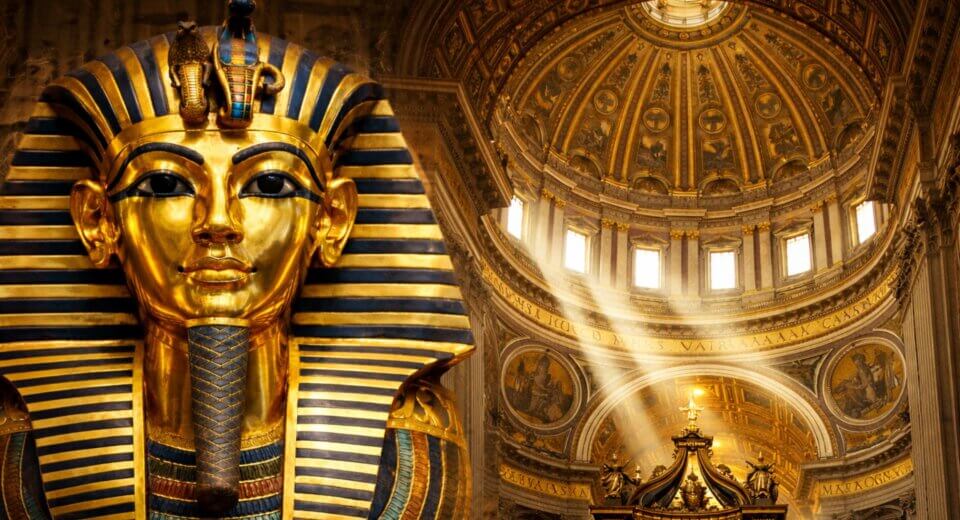 Tutankhamun’s golden funerary mask beside the gilded dome of St. Peter’s Basilica, symbolizing gold in religion from Ancient Egypt to the Vatican