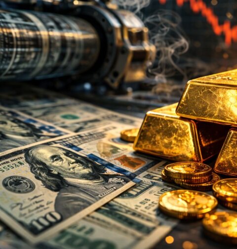 Money printing press producing US dollar bills next to stacked gold bars symbolizing inflation, financial crisis, and gold as protection against currency devaluation